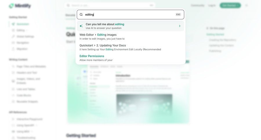Mintlify
			 doc documentation docs order tracking search results ui page example