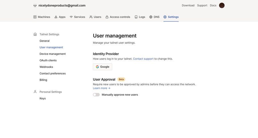 Tailscale
			 configuration settings user management user settings account settings authentication access control navigation sidebar sidebar security preferences identity provider ui page example