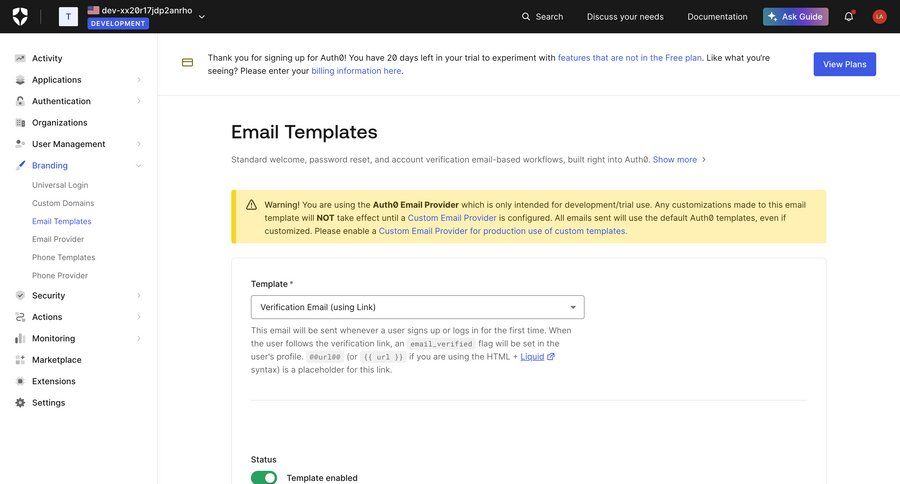 Auth0
			 configuration settings sidebar navigation form user authentication authentication email template selection email verification free templates sidebar alert code snippet ui page example