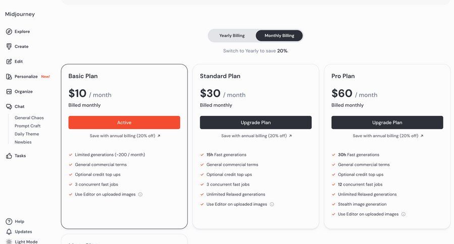 Midjourney
			 artificial intelligence subscription management plan comparison pricing plans ui page example