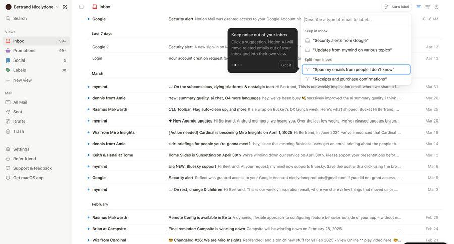 Notion Mail
			 sidebar navigation automation email management email inbox alert message system notification push notification notification center communication email confirmation search suggestions suggestion ui page example