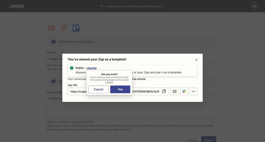 Zapier
			share modal & popover confirmation modal screen confirmation templates confirmation message sharing ui page example