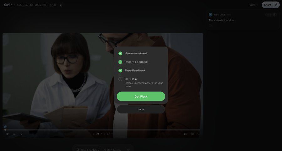 Flask
			onboarding modal & popover upgrade your account team collaboration video player ui page example