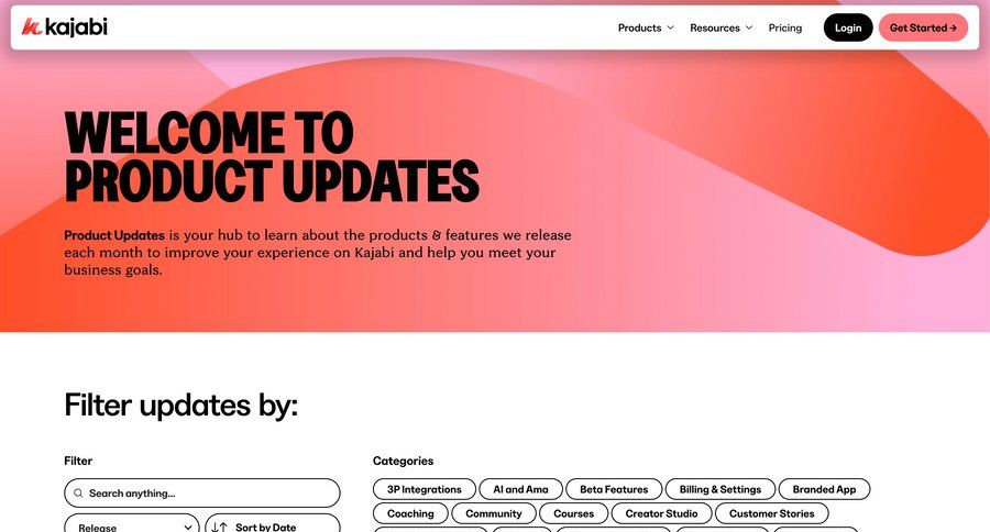 Kajabi
			 payment method product update announcement press release changelog customer stories update cards ui pagination affiliate program newsletter signup ui page example