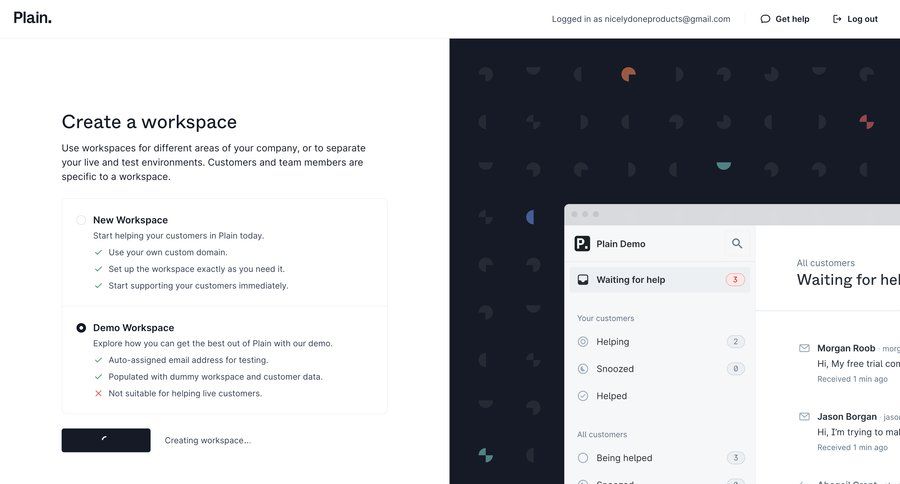 Plain
			 team collaboration account management onboarding progress indicator workspace management customer engagement workspace creation create setup ui page example