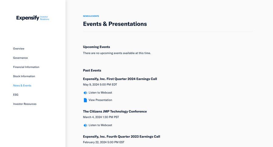 Expensify
			events coming soon features management call transcript pagination pay bill transcript ui page example