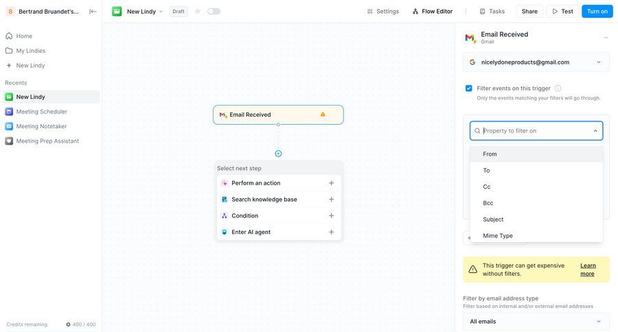 Lindy
			 configuration sidebar navigation grid workflow form automation editor full-screen layout workflow configuration email dropdown filters sidebar ui page example