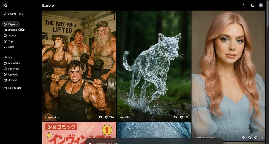 Sora
			collection gallery artificial intelligence grid full-screen layout content discovery sidebar folder image gallery media gallery photo gallery media assets search bar avatar upload ui page example