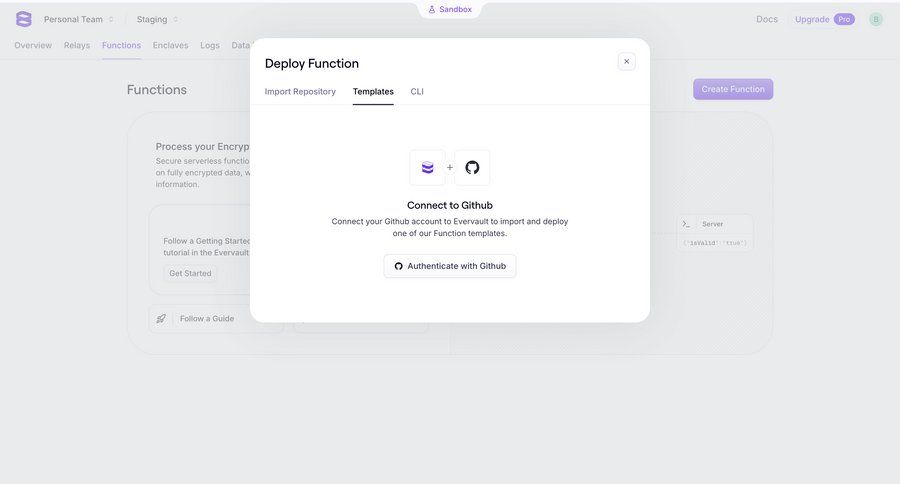 Evervault
			 form integration setup upgrade modal deploy call to action detail view item details integration importing data version control ui page example