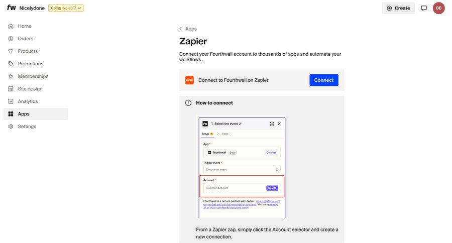 Fourthwall
			 settings e-commerce full-screen layout integration setup integration documentation configuration screen ui page example