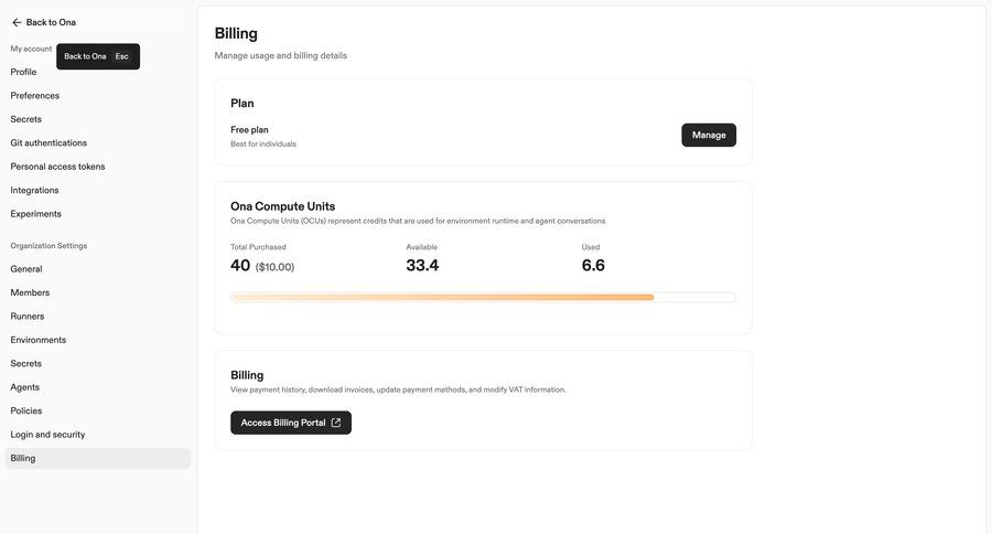 Ona
			 subscription management free plan billing portal ui page example