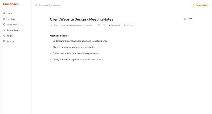 Circleback
			 collaboration sidebar navigation tagging call transcript meeting sharing ui page example