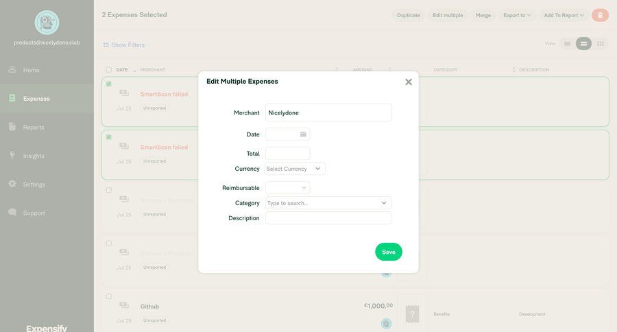 Expensify
			 sidebar navigation form finance data entry expense management modal finance bulk edit sidebar table date filter ui page example