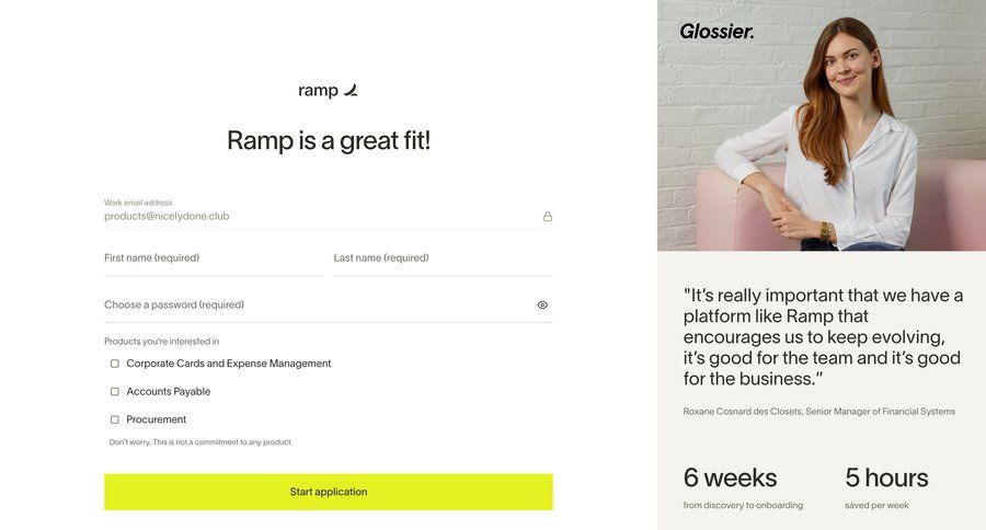 Ramp
			 form finance account creation expense management auth signup create new account register testimonials case studies customer stories ui page example