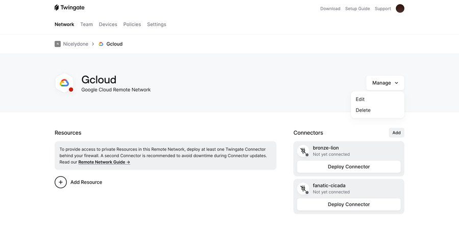Twingate
			 configuration settings delete deploy security setup menu ui page example