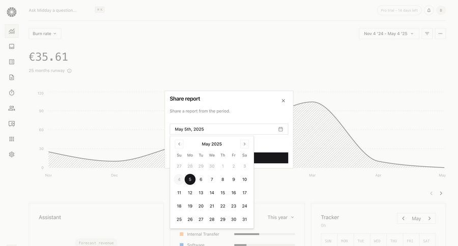 Midday
			detail page share modal & popover dashboard grid finance sidebar date picker analytics ui page example