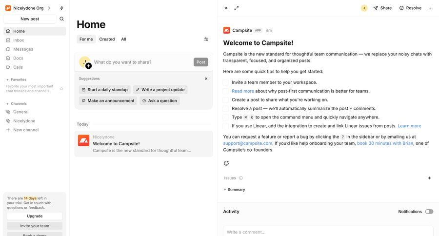 Campsite
			 team collaboration sidebar navigation project management user management onboarding radio group sidebar personal space communication menu modern suggestion command k ui page example