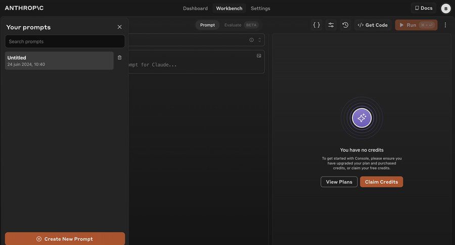 Anthropic
			 dashboard artificial intelligence account management dark theme machine learning credits create menu ui page example