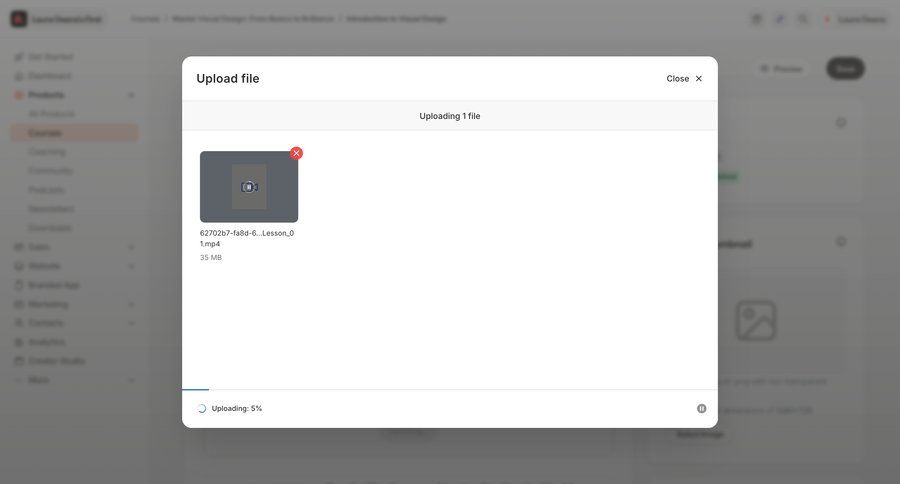 Kajabi
			 progress indicator file upload file management progress tracking file upload modal course creation upload file upload media progress progress bar ui page example