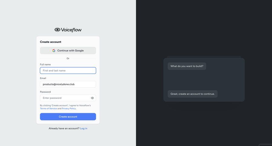 Voiceflow
			 account creation ui page example