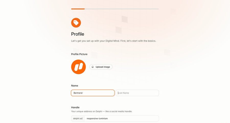 Delphi
			 onboarding form account creation user account full-screen layout form layout upload image setup profile creation ui page example
