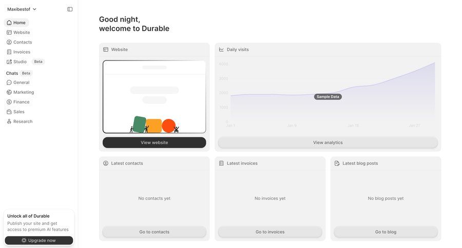Durable
			 dashboard overview getting started ui page example