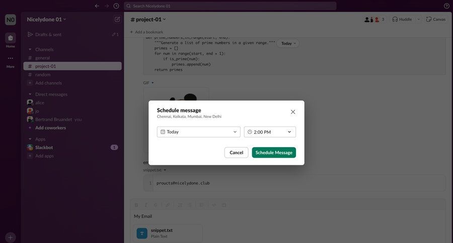 Slack
			 modal screen form date picker time picker communication time management ui page example
