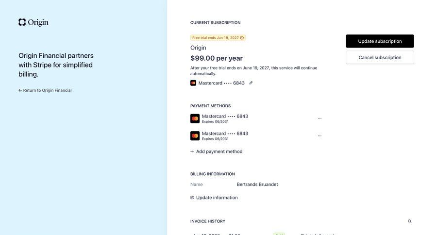 Origin Financial
			 subscription management customer portal ui page example