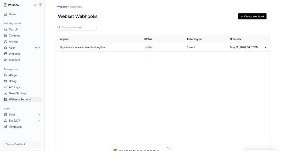 Exa
			 configuration settings sidebar navigation artificial intelligence sidebar create navigation bar toast notification contextual help confirmation message b2b saas webhook management ui page example