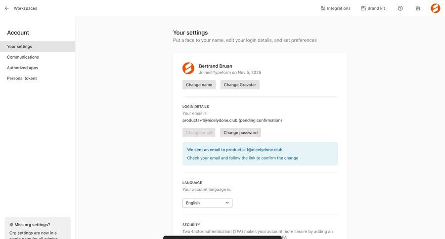 Typeform
			 user profile account settings email confirmation ui page example