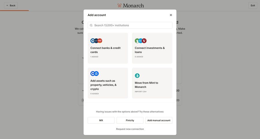 Monarch
			 account management onboarding form account setup finance data import setup on boarding alternatives cards ui importing data connect service ui page example