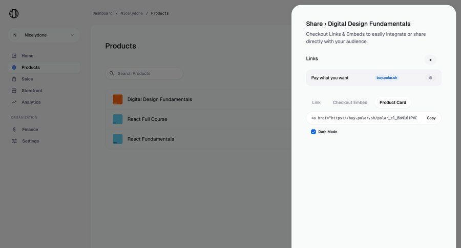 Polar
			 e-commerce grid share modal rounded corners modal finance assets checkout screen ui page example