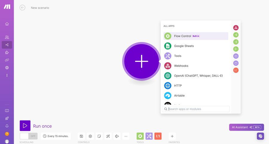 Make
			 workflow automation workflow builder workflow automation integration setup rounded corners scenario editor sidebar new integration controls ui page example