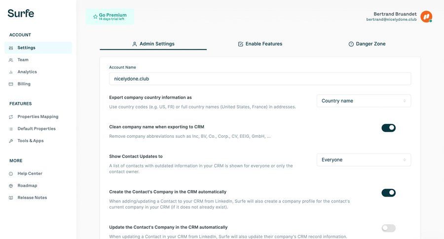 Surfe
			 sidebar user settings settings form data export data management sidebar navigation account management account settings configuration gdpr compliance crm integration crm dashboard dashboard layouts ui page example
