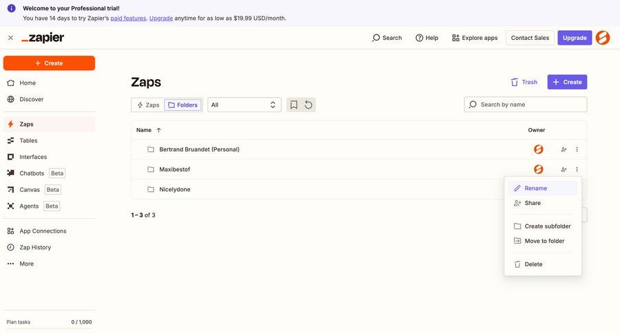 Zapier
			 dashboard account management automation delete file management folder management file list screen data display sidebar create menu folder table ui page example
