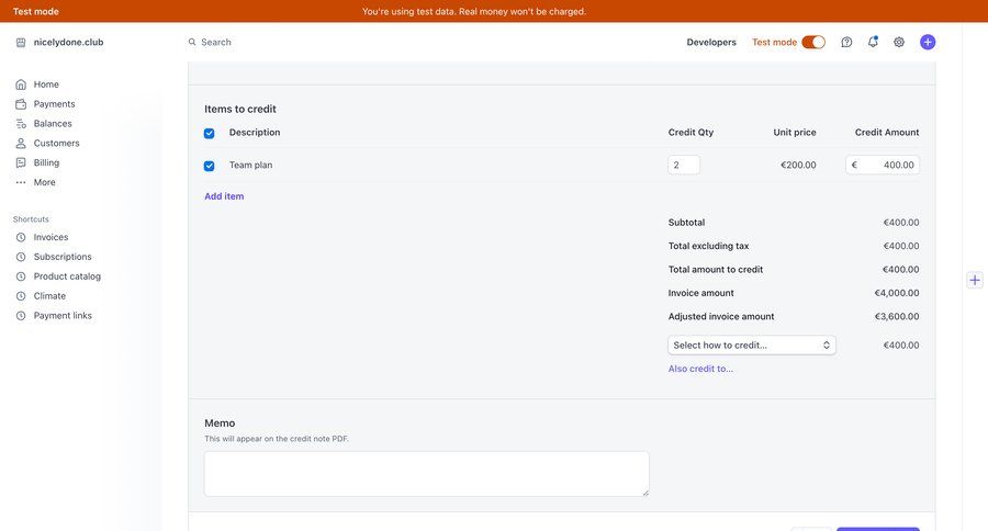 Stripe
			 e-commerce sidebar navigation form credits create shortcuts table summary ui page example
