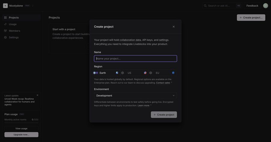 Liveblocks
			 project setup ui page example