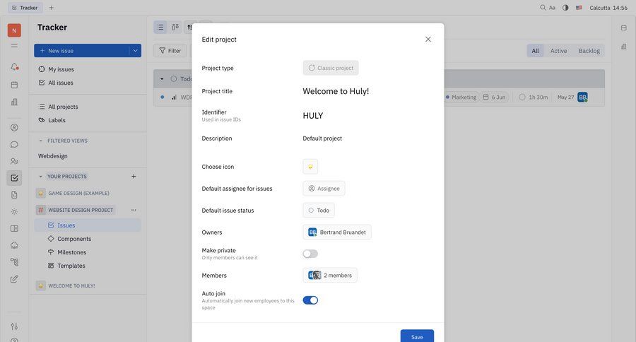 Huly
			settings edit team settings task management configuration project management form automation project setup project creation save changes ui page example