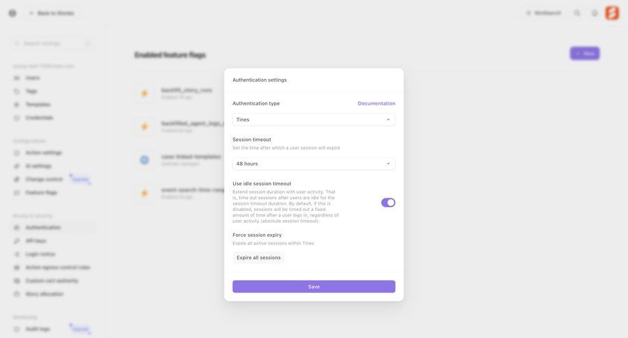 Tines
			 modal screen configuration settings form user authentication authentication extend trial security security configuration ui page example