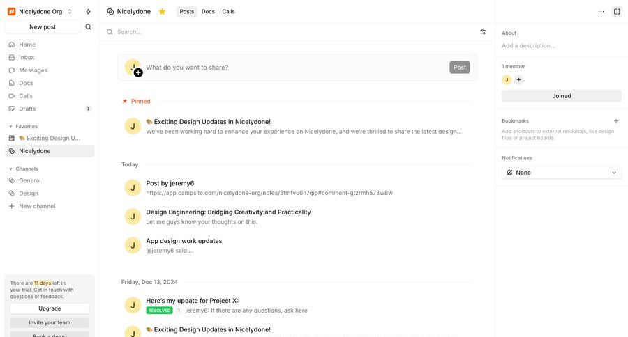 Campsite
			messaging activity feed community collaboration team collaboration sidebar navigation project management content sharing right sidebar team workspace sidebar communication chat messages menu recent activity social feed newsfeed activity stream chat interface modern ui page example