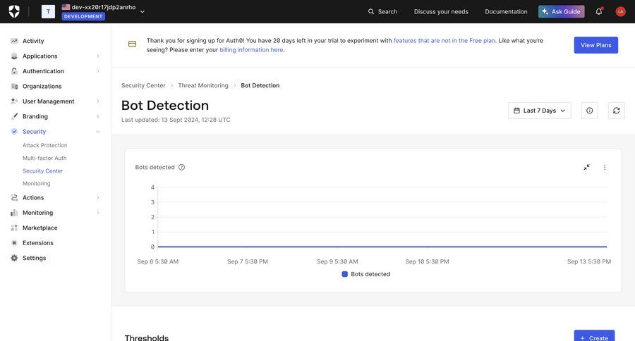 Auth0
			 sidebar security dashboard data visualization sidebar navigation toast notification dropdown filters monitoring security configuration trial banner security analytics bot builder ui page example