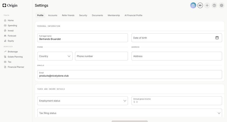 Origin Financial
			profile settings account settings account settings ui page example