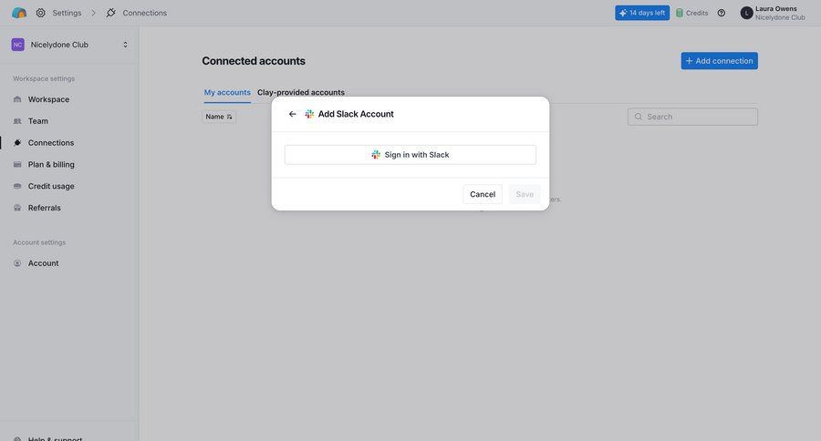 Clay
			 settings sidebar navigation account setup account settings integration setup connection sign in integration ui page example