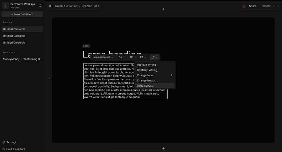 Chronicle
			 editor document editing full-screen layout hierarchical navigation sidebar menu ui page example