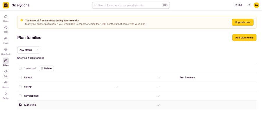 Outseta
			plans & pricing (in app) table information state billing settings settings sidebar navigation account management account setup subscription management table ui page example