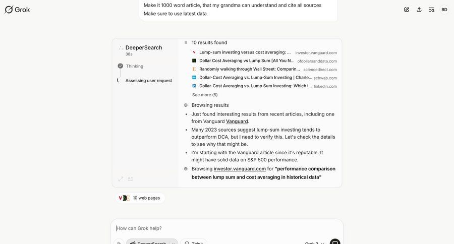 Grok
			 finance progress indicator content discovery call intelligence lists research loading search bar conversational search results ui page example