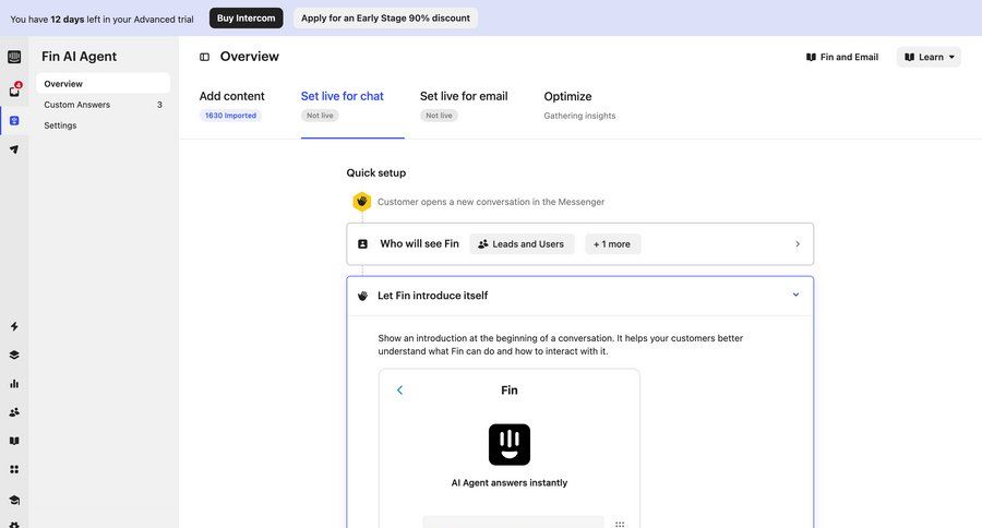 Intercom
			 modal screen configuration sidebar navigation artificial intelligence setup quick keys modern chatbot accordion configuration screen ui page example
