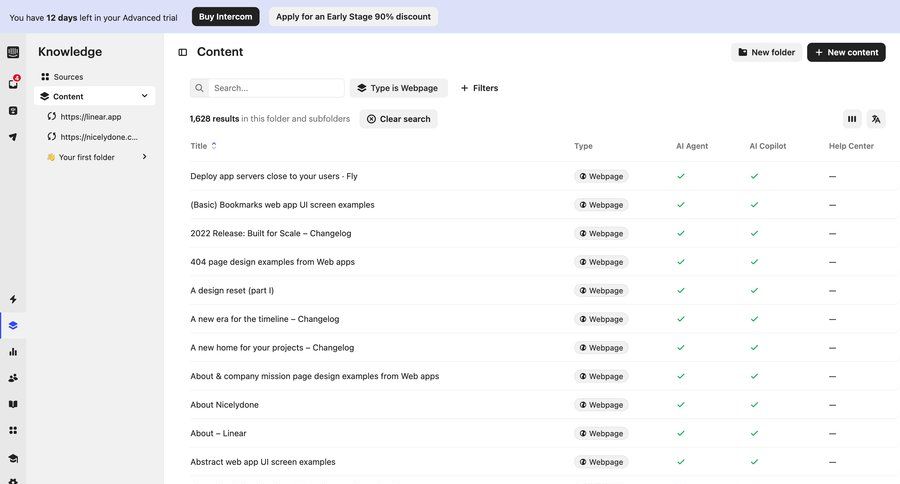 Intercom
			 content management sidebar navigation knowledge base content discovery dropdown filters sidebar timeline ui filter ui search results ui table advanced search ui page example