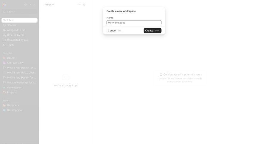 Height
			 task management modal screen sidebar navigation project management account setup modal dialog workspace creation inbox sidebar ui page example