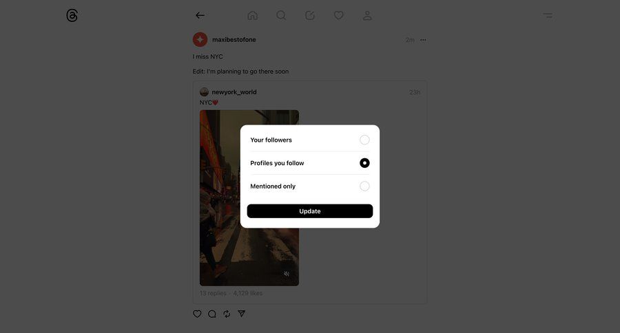 Threads
			 modal screen content sharing audience management preferences ui page example